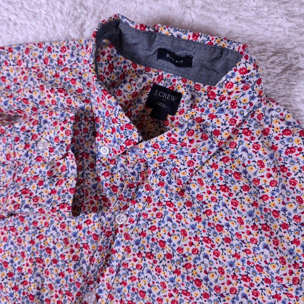 J.Crew Slim Fit Mens L Red Blue Floral L/S Button Down Shirt A0796